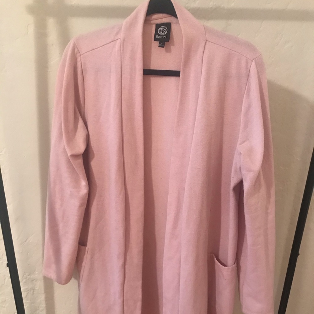 Long pink fleece open front sweater